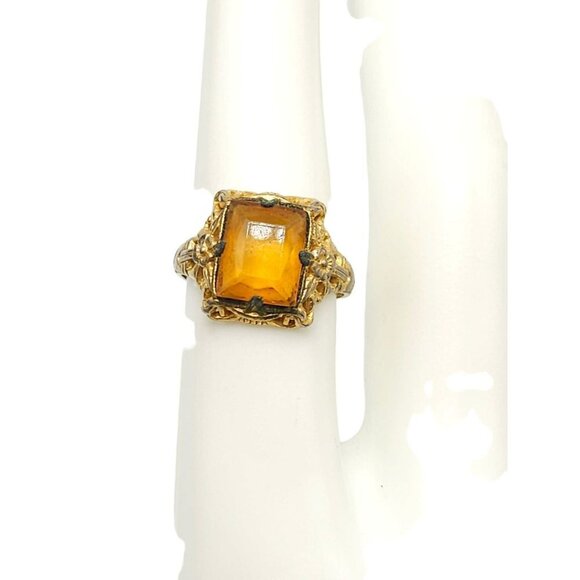 UNCAS Citrine Colored Rhinestone Filigree Ring Pendant Set Gold Tone Vintage - Picture 5 of 7